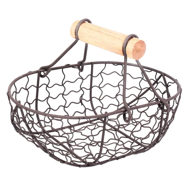 Cesta de metal retro con mango de madera, portátil, multifunción, para guardar verduras, frutas, huevos, comestibles, práctica cesta organizadora de almacenamiento, color negro