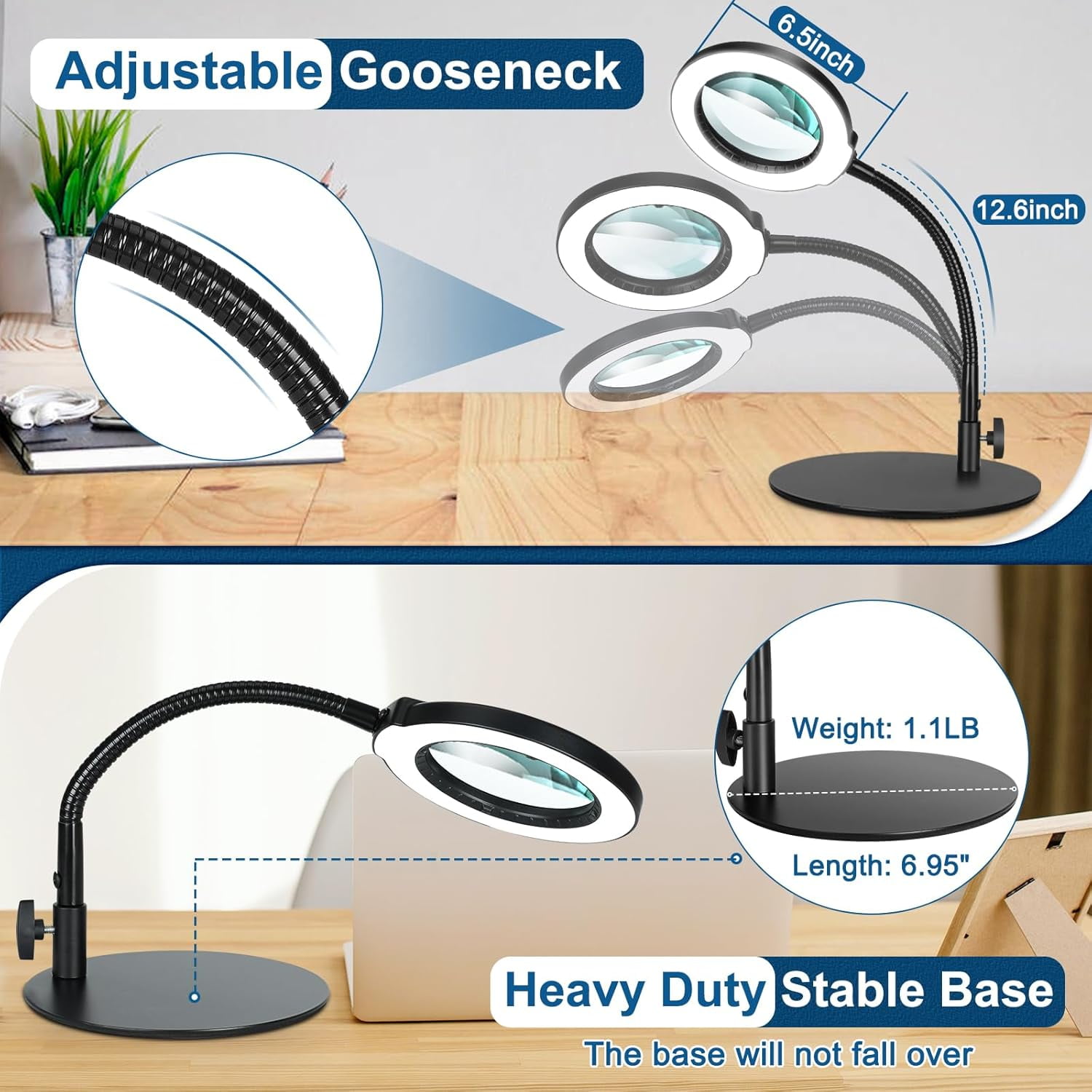 Veemagni Magnifying Glass with Light, Real Optical Glass Lens, 5 Adjustable Color Modes Dimmable LED, Flexible Gooseneck Hands-Free Magnifier with Stable Base Stand for Crafts Painting Sewing Reading
