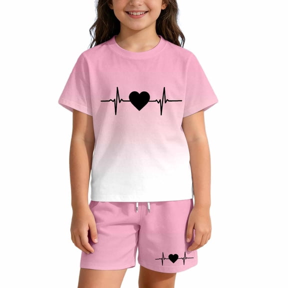 Jamsmile Toddler Girls Sets Sportswear Gradient Heartbeat Print Tshirts With Shorts Summer 2 Piece Kids Girls Athletic Tracksuits
