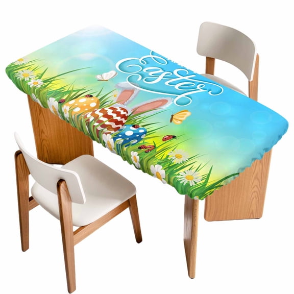 Green Easter Table Cloths for 6 Foot Rectangle Tables, Spring Floral Watercolor Eggs Pastoral Patio Waterproof Elastic Fitted Tablecloths, Washable Rectangular Table Cover for Camping