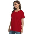 thumbnail image 4 of Women's V Neck T Shirts Casual Rolled Short Sleeve Side Split Summer Tops Loose Fit, 4 of 6