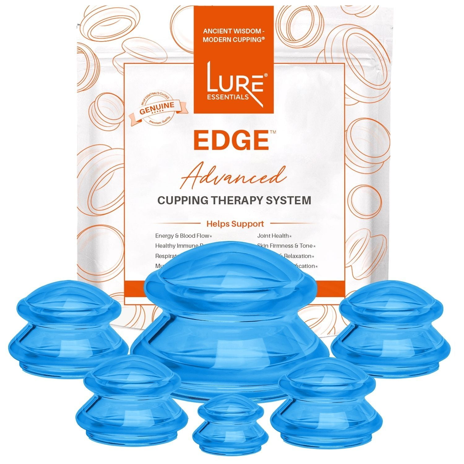 Lure Essentials Edge Cupping Set Ultra Blue Silicone Cupping Therapy Set for Cellulite Reduction and Myofascial Release - Massage Therapists and Home