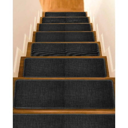 Black Burlap Texture Stair Treads for Wooden Steps Indoor Runner Rug Carpet Farmhouse Vintage Black 4 Pieces Peel and Stick Staircase Step Treads Covers Washable Throw Door Mats 30 x8