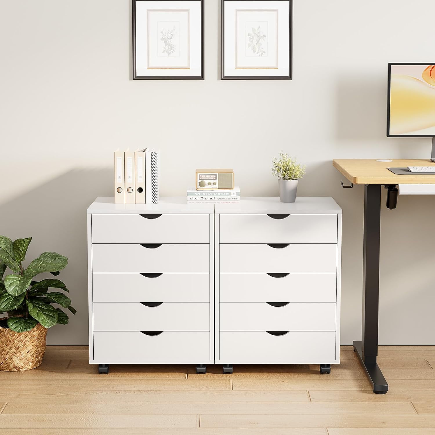 5 Drawer Storage Organizer, 25.39'' Height File Cabinets Dressers With Wheels, Wood Underdesk Cabinet For Home Office, Bedroom, Study, White