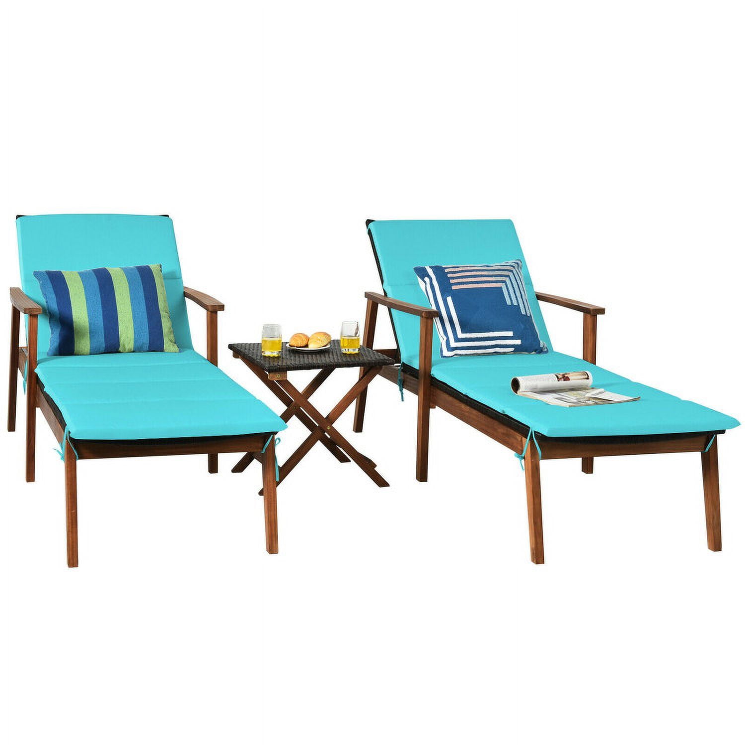 Aimee Lii 3 Pieces Portable Patio Cushioned Rattan Lounge Chair Set with Folding Table, Outdoor Patio Furniture Set, Turquoise