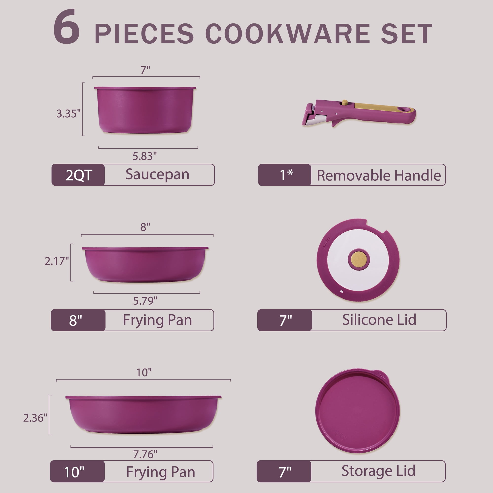 Carote Nonstick Detachable Pots and Pans Set, 6 Pieces Non Toxic Cookware Set with Induction, Oven/Dishwasher Safe, Easy for Storage, Magenta Purple