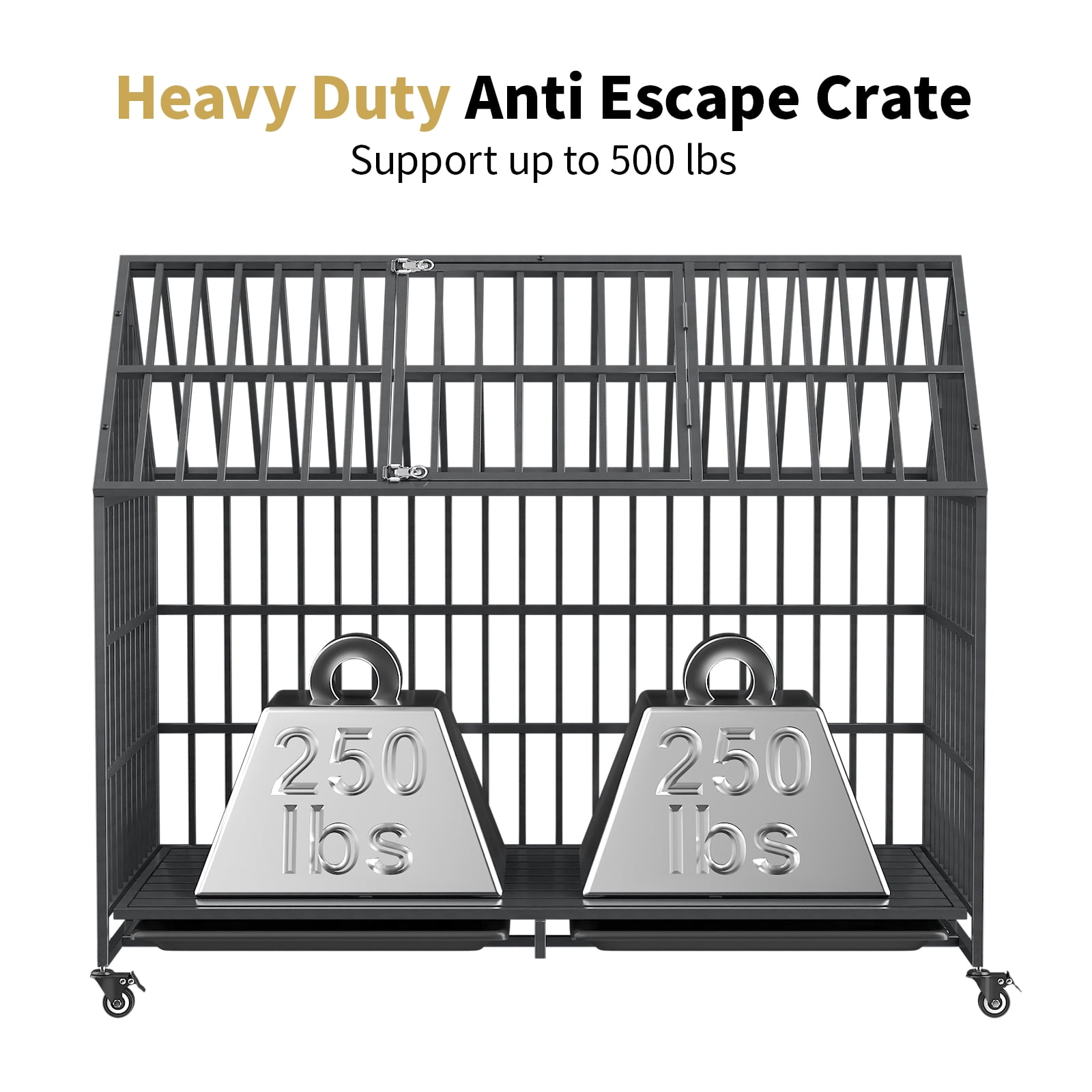 52 Inch Heavy Duty Dog Crate Extra Large Dog Cage Kennel, Indestructible XXL Dog Crate with Roof Top, Trays and Wheels, Escape Proof for High Anxiety Giant Dogs