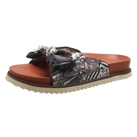 

Ladies Fashion Floral Print Bow Fabric Beach Open Toe Flat Casual Slippers