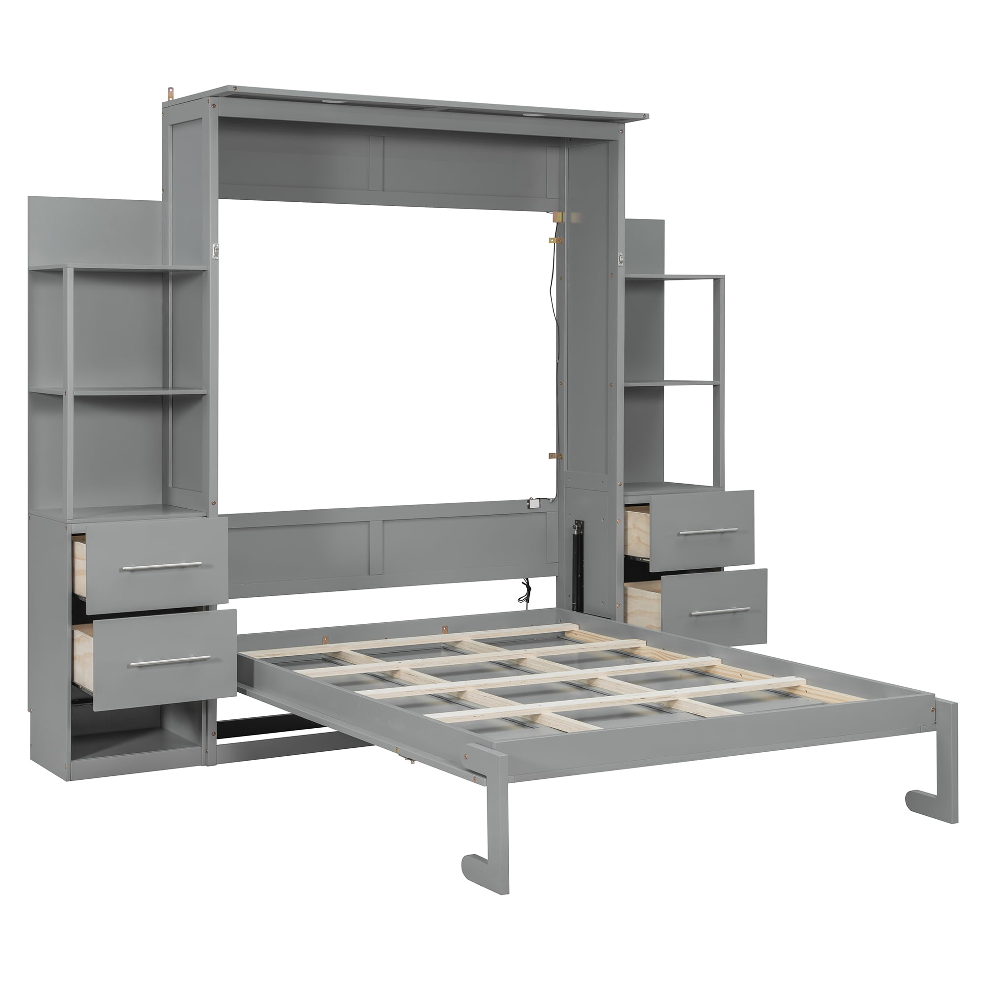 Full Size Murphy Bed with Shelves, 4 Drawers and LED Lights for Space-Saving Guest Room