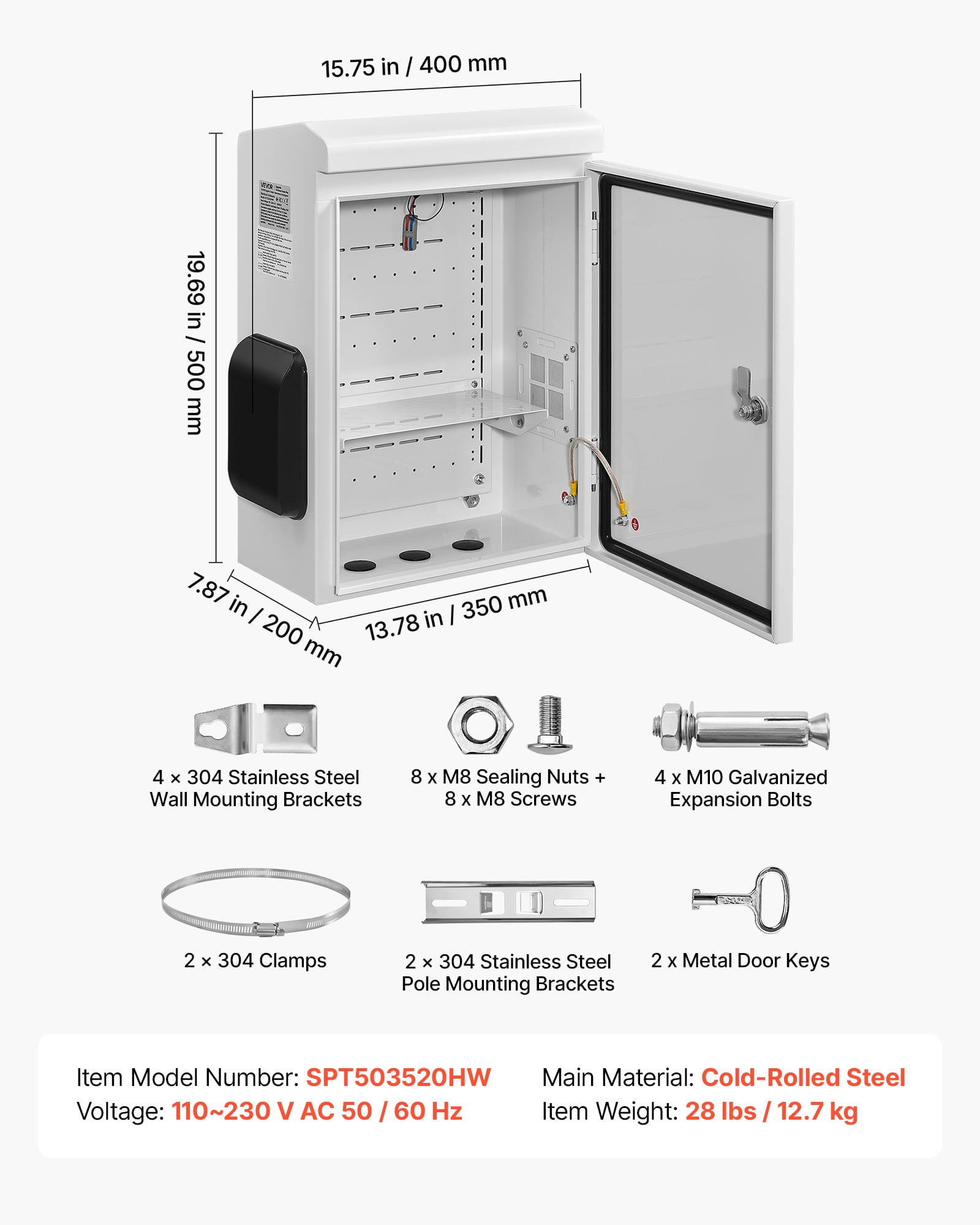 VEVOR Outdoor Electrical Box, Cold-Rolled Steel, Electrical Junction Box with Thermostat and Fan, Rain Hood, Ventilated Design, IP65 Waterproof Hinged Enclosure, Wall/Pole Mounted, 20 x 16 x 8 in