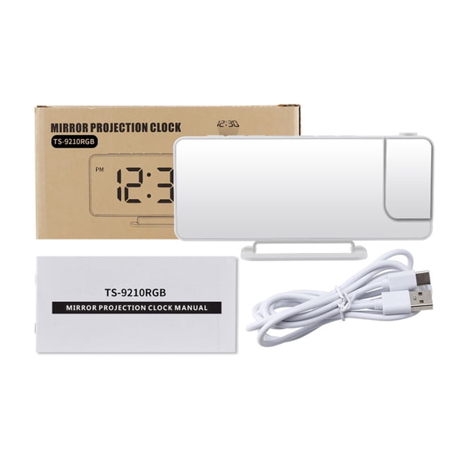 yeacher Modern LED Projection Alarm Clock with RGB Gradient, 180° Rotatable Display, Dual Alarms, Snooze Function, 6-Level Brightness, Mirror Finish, and Temperature Display - White (Battery Not