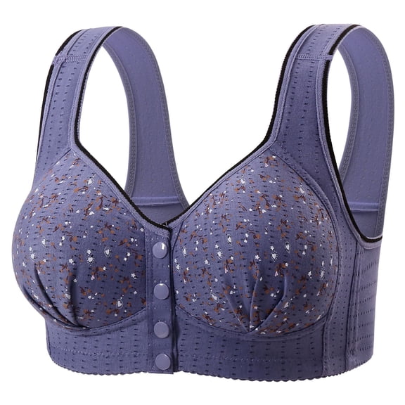 Dresfit 2026 Daisy Bras for Older Women No Underwire Full Coverage Front Closure Senior Cotton Bra Push Up Padded Bralettes Blue 50