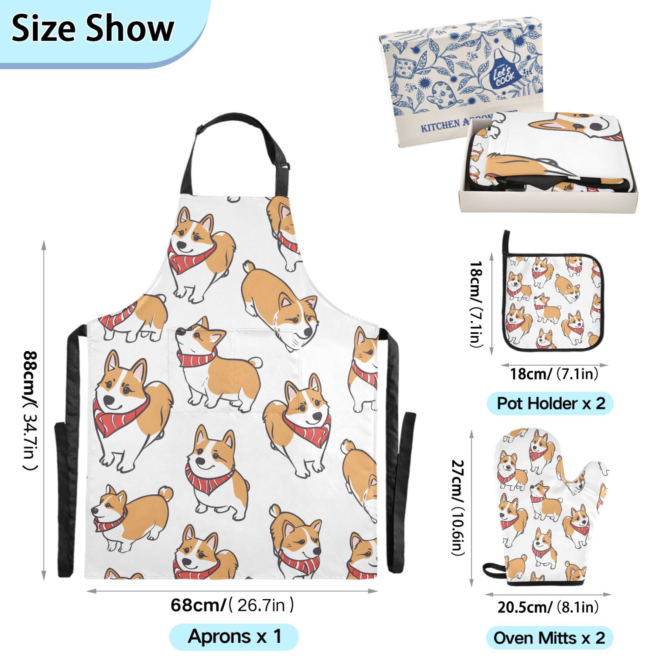 Corgi Dog with Scarves 5 Pcs Kitchen Set Heat Resistant Oven Mitts and Non-Slip Pot Holders with Adjustable Cooking Apron