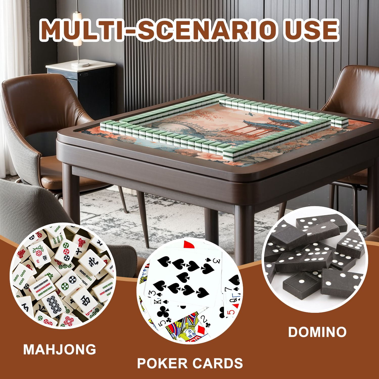 Mahjong Mat 31.5" x 31.5" Oriental Garden Scene Pagoda Blossoming Flowers Birds Pastel Colors Non-Slip Noise Reduction American Mahjong Tiles Table Cover for Dominoes Poker Card Board Games Gift