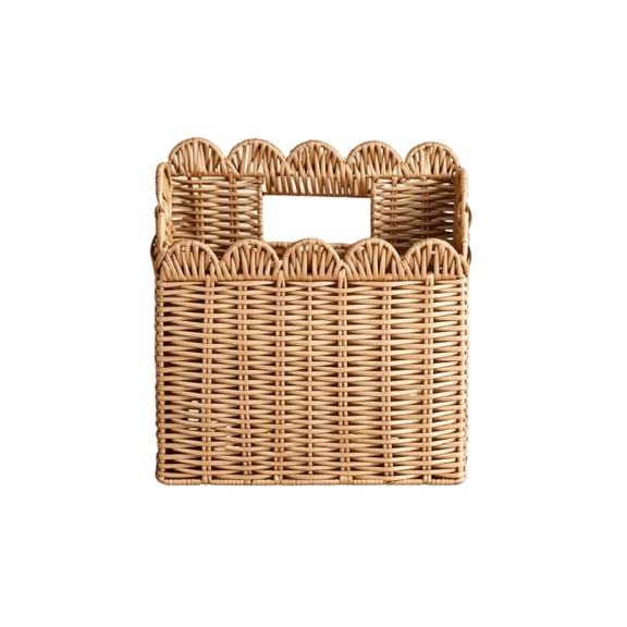 Scalloped Rattan Woven Storage Basket Wall Hanging Handled Storage Bin For Entryway Living Room 9.84x10.63 Inch Brown