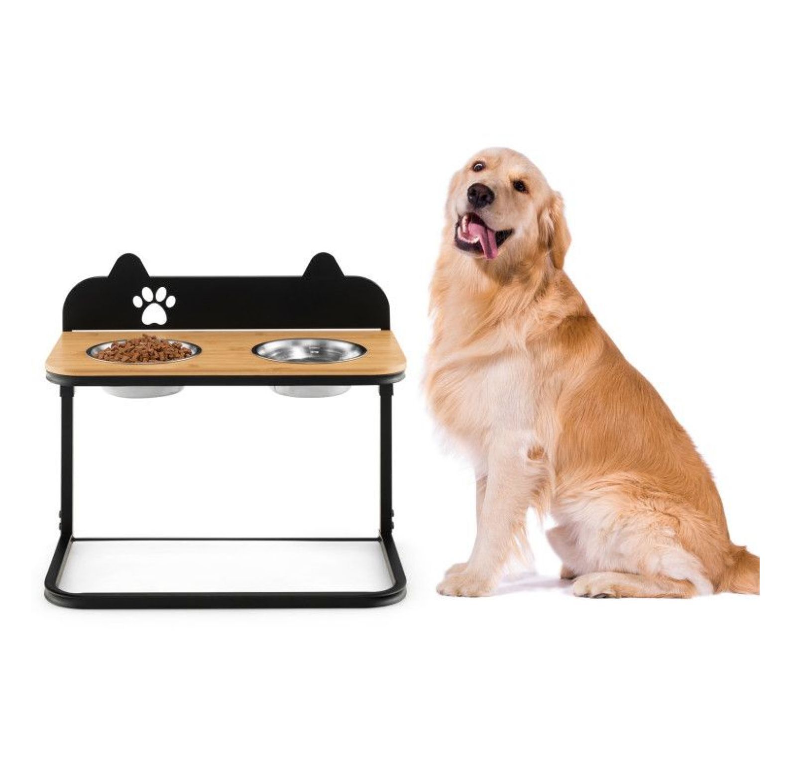 Elevated Dog Bowls with Stand - 2 Stainless Steel Bowls - Adjustable Height - Bamboo Tabletop - for Medium & Large Dogs - Pet Feeder