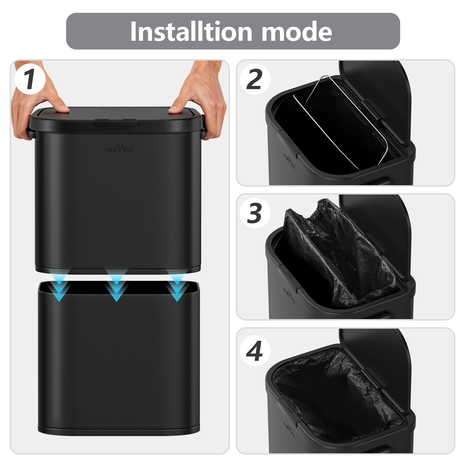mVm 16 Gal Kitchen Trash Can, Touch Top Large Garbage Can (Black)