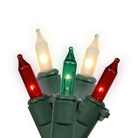 Set of 100 Red, Clear Frosted and Green Mini Christmas Lights - Green Wire