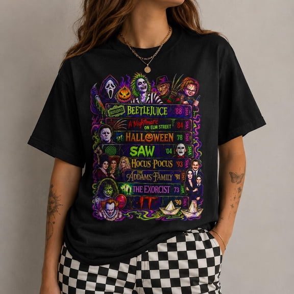 Spooky Halloween Character Graphic Tee, Classic Horror Collage T-Shirt