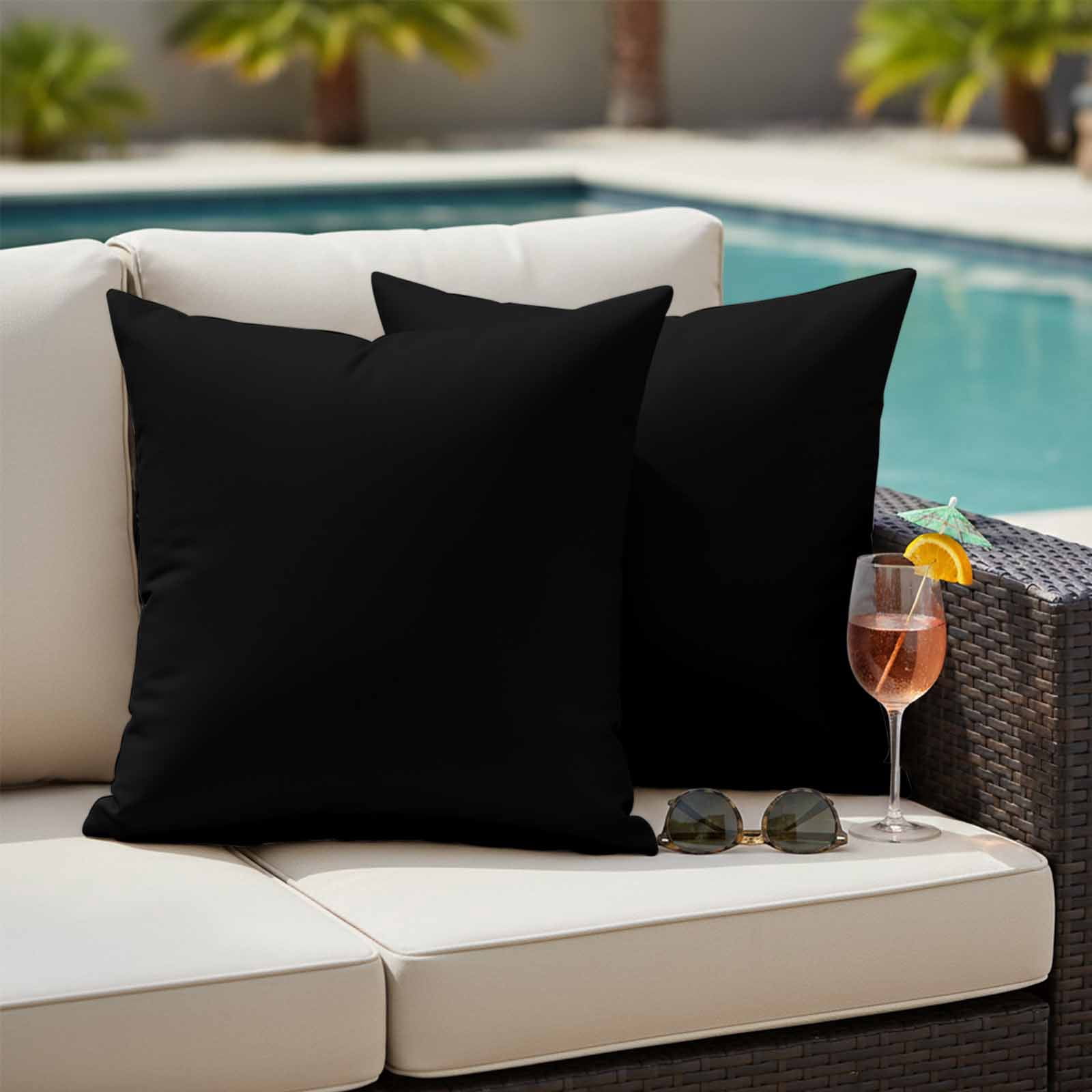 Black Outdoor Waterproof Pillow Covers, Solid Color Farmhouse Black Decorative Square Throw Pillowcase Sofa Cushion Sham for Patio/Couch/Chair, 16"x16" 2 Pack