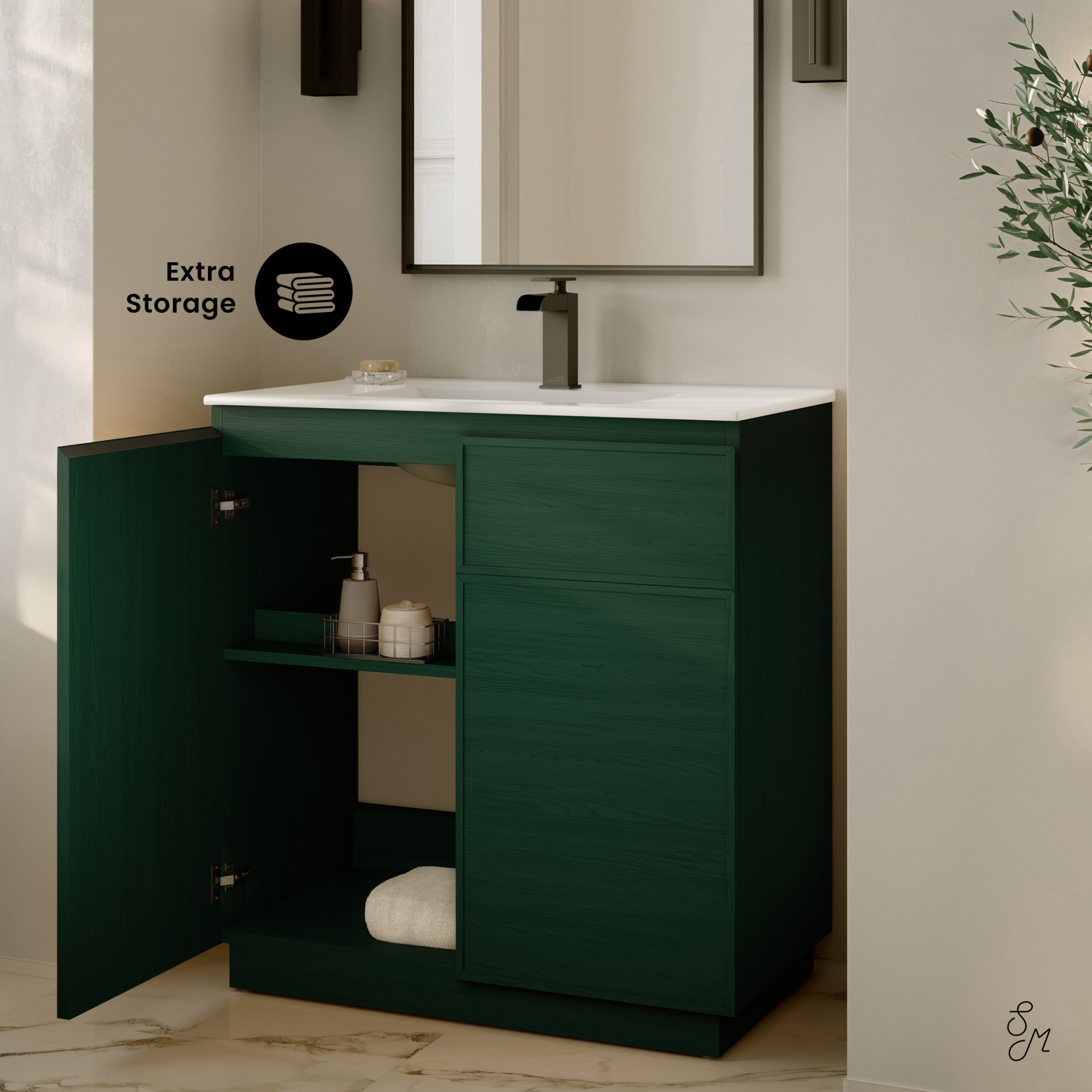 St. Tropez 36" Freestanding Bathroom Vanity in Green Oak with Sink Top
