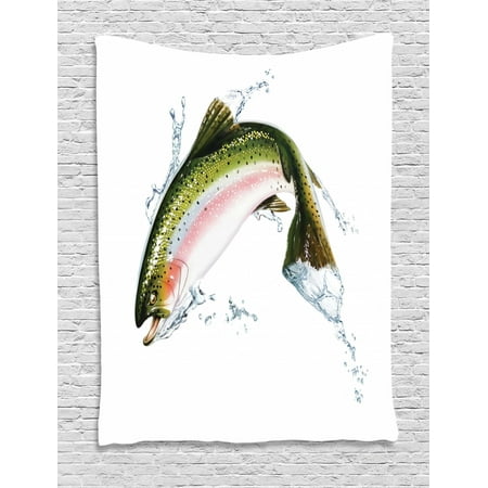 Fish Tapestry, Salmon Jumping out of Water Making Splashes Cartoon Design Photorealistic Airbrush, Wall Hanging for Bedroom Living Room Dorm Decor, Multicolor, by