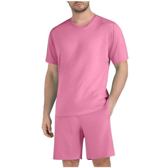 Stamzod Men's Tracksuits 2 Piece Summer Solid Color Crew Neck T Shirts and Shorts Set Casual Activewear Plus Size Short Sets for Gym Running Workout Pink XL