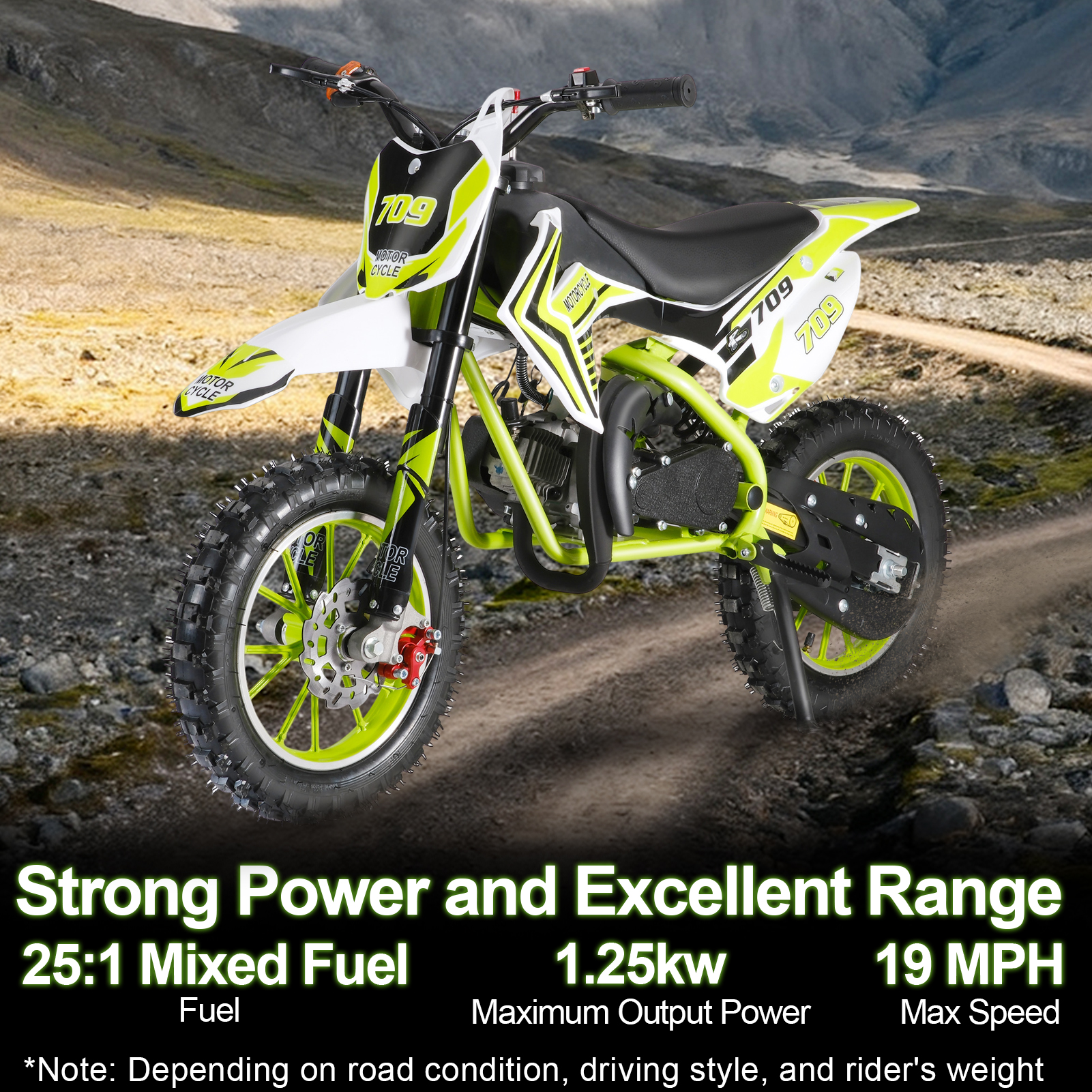 Fompes 49CC 2-Stroke Gas Powered Mini Dirt Bike Kids Dirt Bike 30KM/H Max Speed Easy Pull Start Front & Rear Disc Brakes 330LBS Capacity - Green