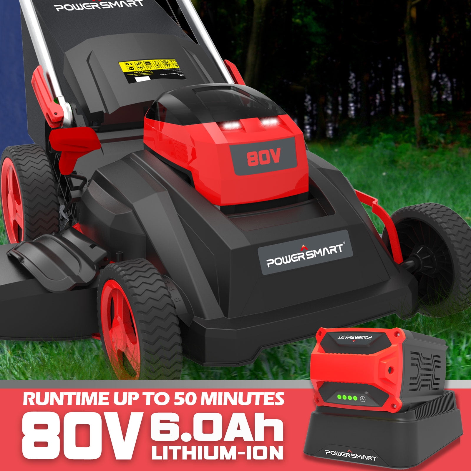 PowerSmart 80V 22 Brushless Cordless Self-Propelled Lawn Mower Red PS76822SRB