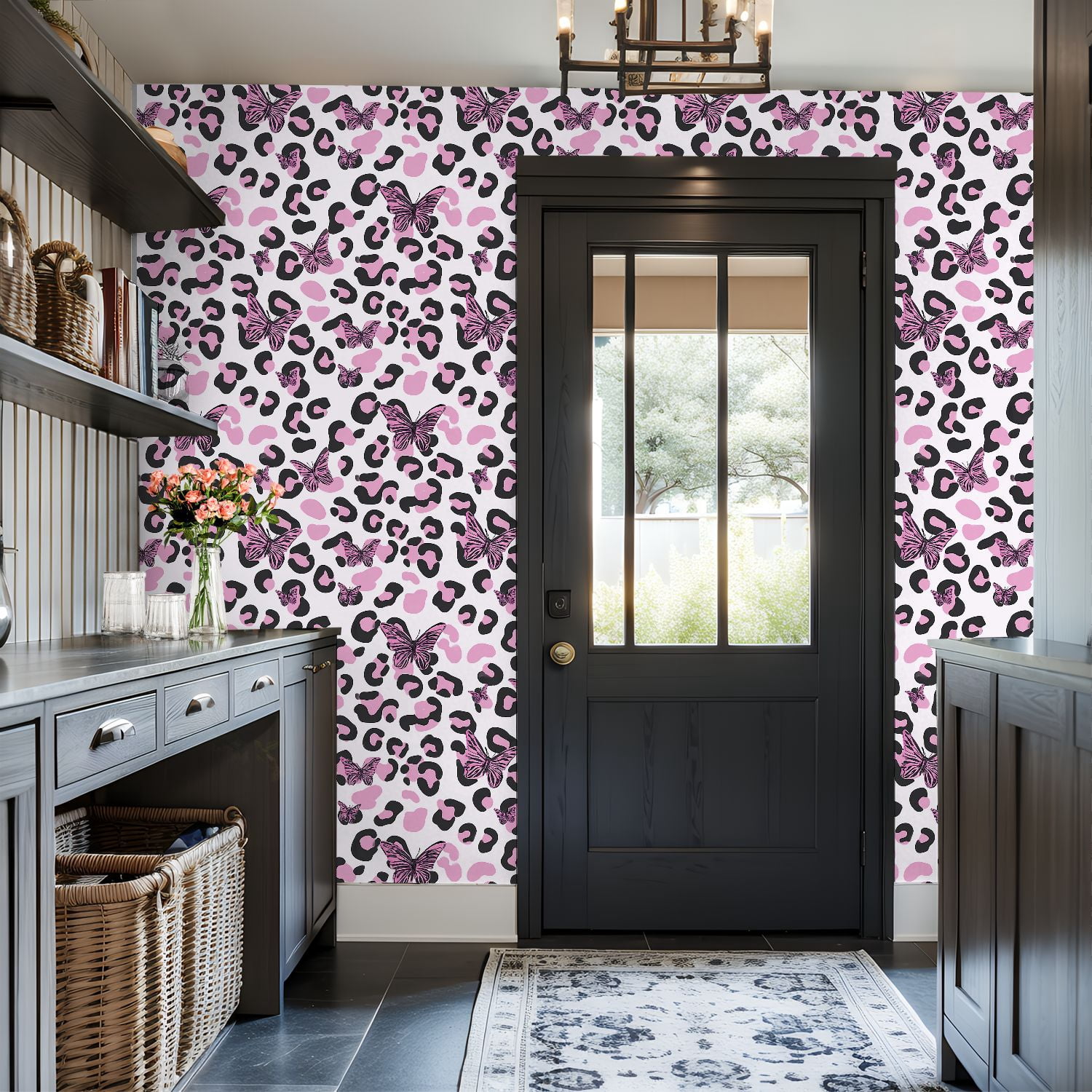 Peel and Stick Wallpaper Pink Black Leopard Print Pink Butterflies Botanical Wall Mural 17.7in x 9.8ft Self Adhesive Removable Wall Paper Renter Friendly Wallpaper for Nursery Bedroom Cabinets