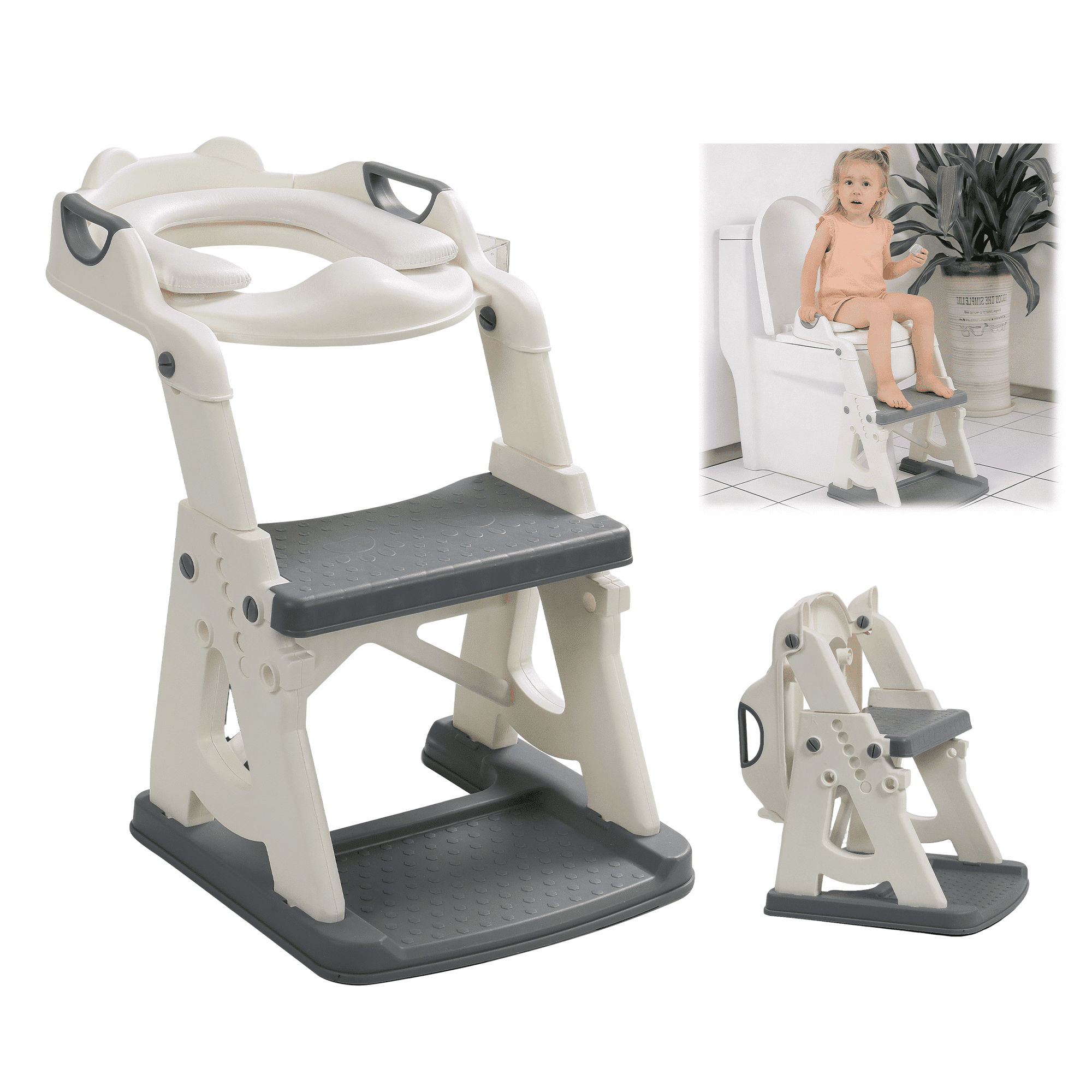 FENHRTVM Potty Training Seat with Step Stool Ladder,Adjustable Height 15-17 Inch,2-in-1 Toddler Toilet Seat with Steps Anti-Slip Pad,Grey