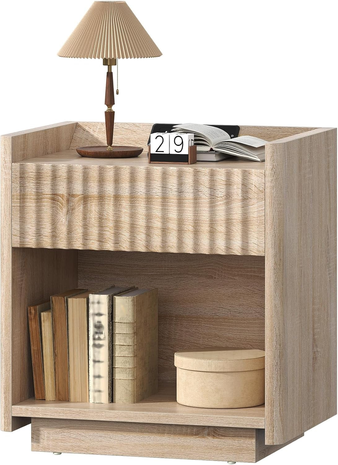 Winkalon Fluted Nightstands for Bedroom, Farmhouse Bedside Tables with Drawer & Open Shelf, Wood End Table for Living Room,Oak