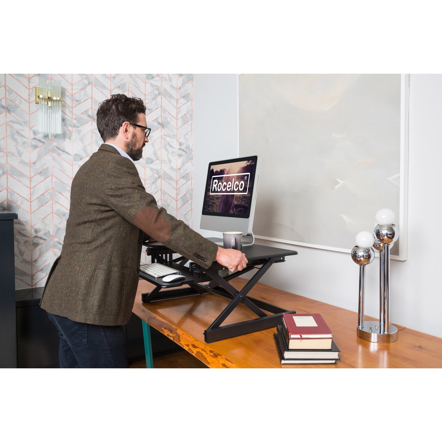 Rocelco 38" Large Height Adjustable Standing Desk Converter | Quick Sit Stand Up Dual Monitor Riser | Gas Spring Assist Computer Workstation | Retractable Keyboard Tray | Black (R DADRB-38)