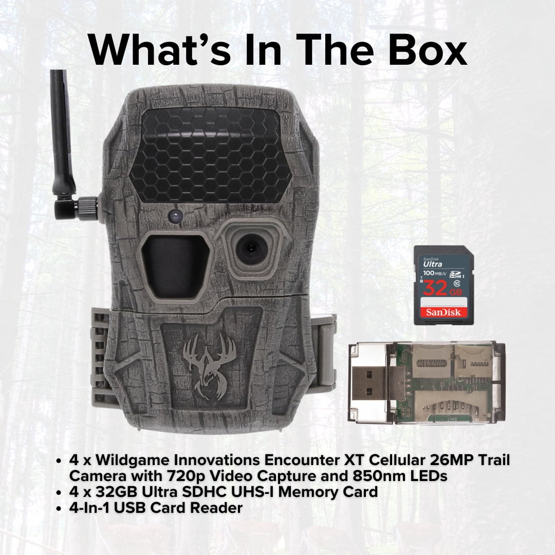 Wildgame Innovations Encounter XT Cellular 26MP Trail Camera with 720p Video Capture and 850nm LEDs (4-Pack) Bundle with 32GB UHS-I Memory Card (4-Pack) and 4-In-1 USB 2.0 Card Reader (9 Items)