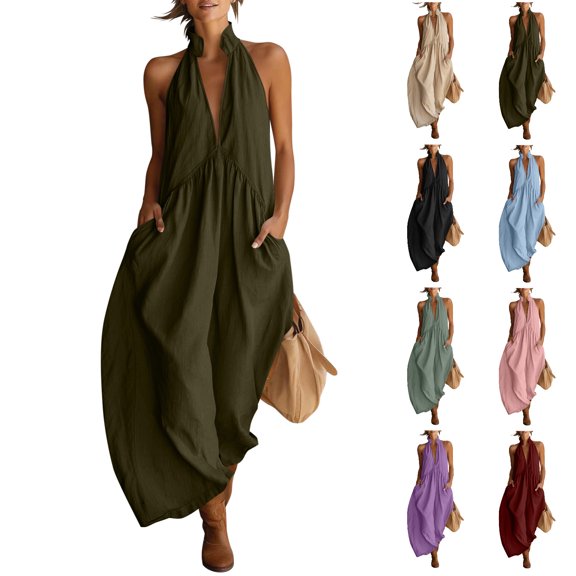 Tumotour Summer Tank Dress For Women'S Linen Dress V-Neck Pocket Pleated Backless Maxi Beach Sundress