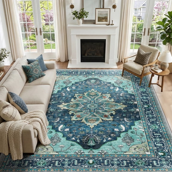 KoshiMe Washable Area Rug 8'x10', Non-Slip Soft Vintage Distress Floral Rugs for Living Room, Stain Resistant Low Pile Medallion Carpet for Dining Room Office, Teal Green