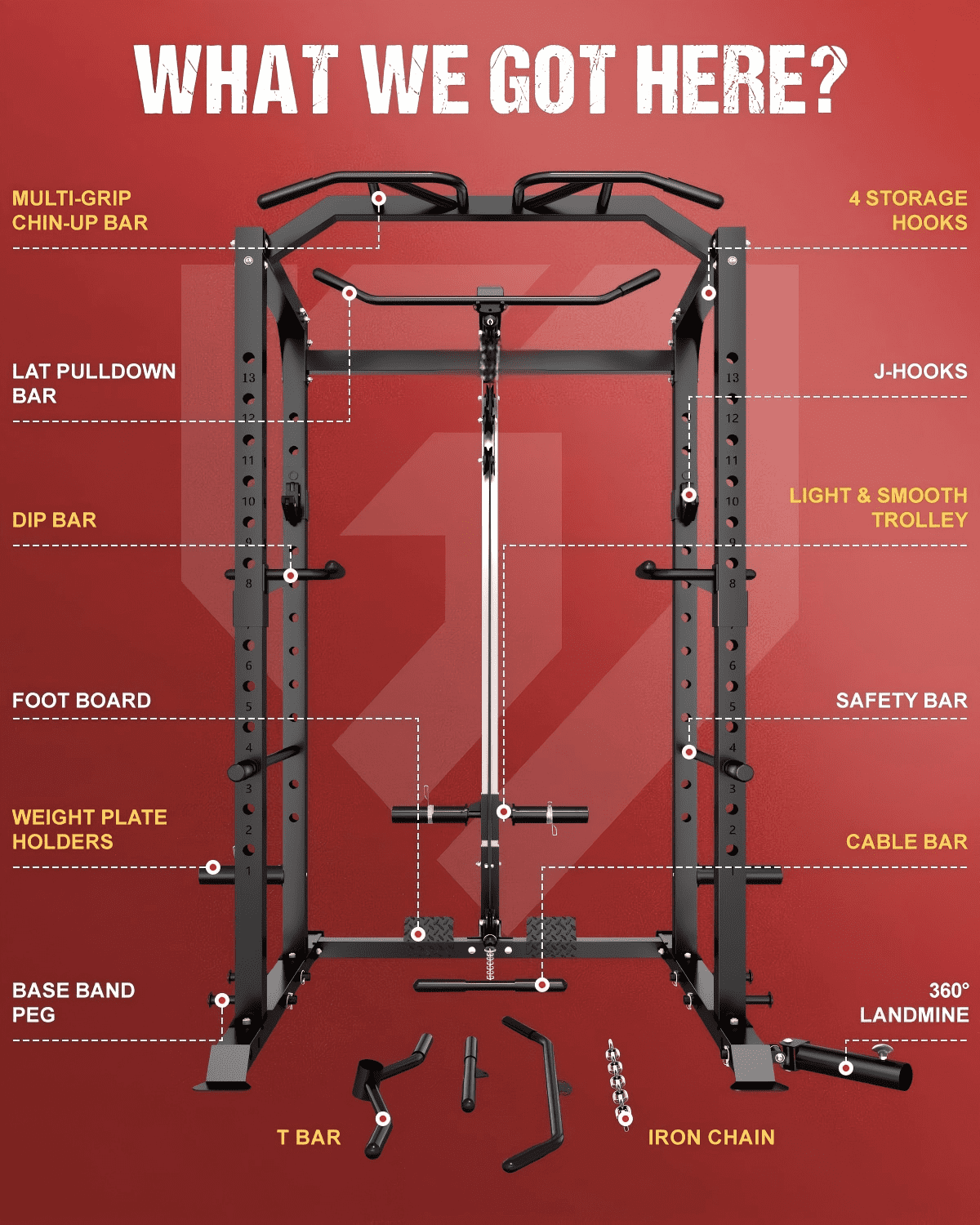 2000LBS Power Cage Squat Rack with LAT Pulldown System, Multi-Function Weight Cage Strength Training Machine, Home Gym Workout Cage with Multiple Attachments for Garage & Home Fitness