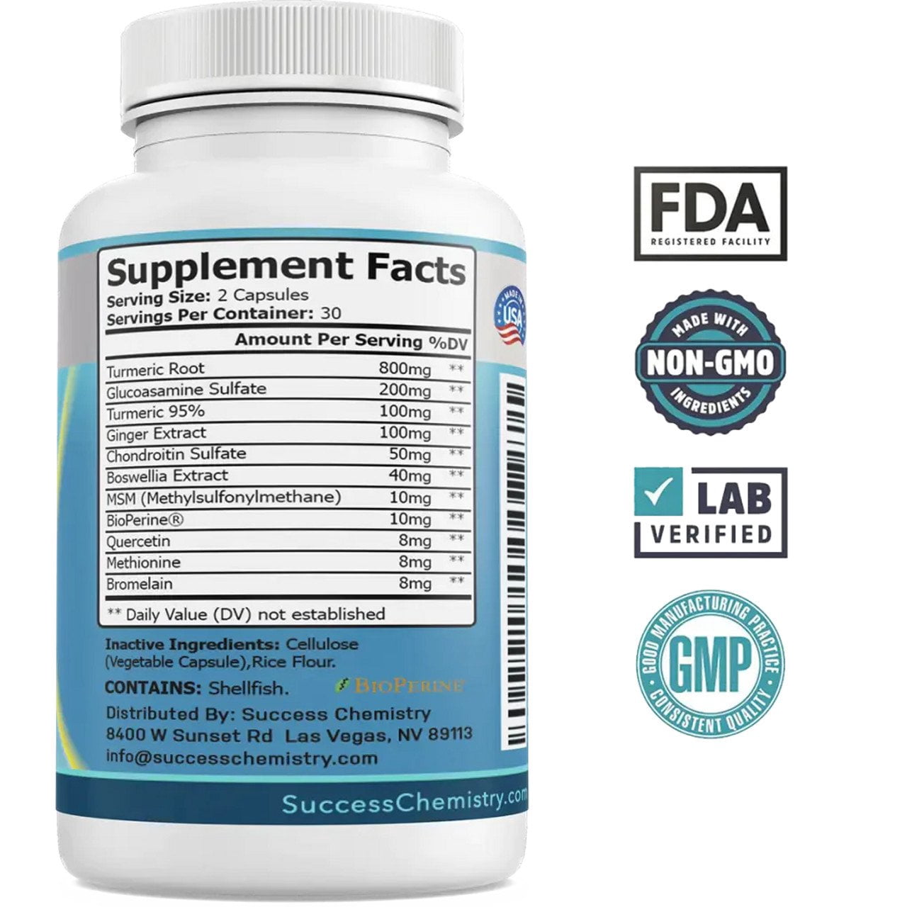 Success Chemistry Height Growth Support with Turmeric & Glucosamine for Adults - 60 Capsules
