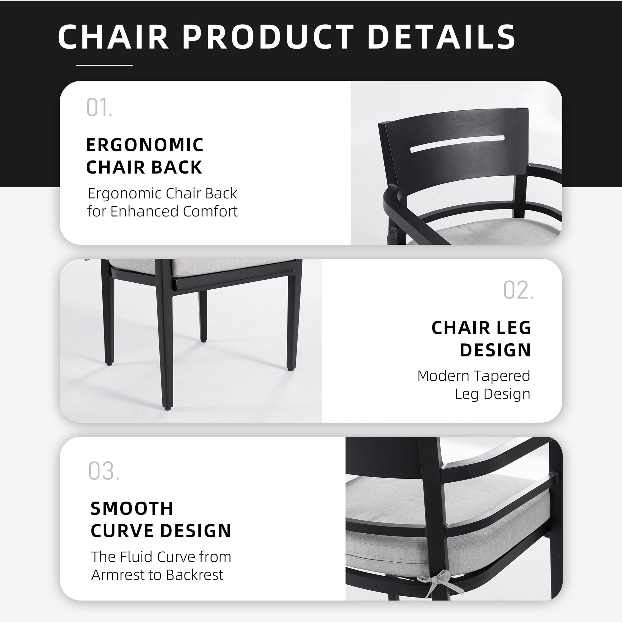 Outdoor Patio K/D Aluminum Stationary Dining Chairs Set of 4 with Outdoor Grade Fabric Cushions for Deck, Ember Black