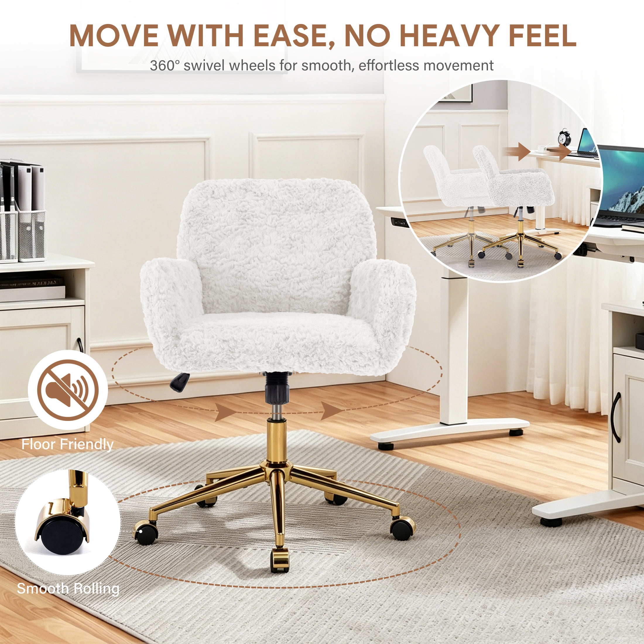 PAPROOS Vanity Chair with Back, Adjustable Swivel Makeup Desk Chair with Wheels and Arms, Fluffy Home Office Task Chair with Artificial Rabbit Hair for Bedroom, Dorm, Study Room, Beige