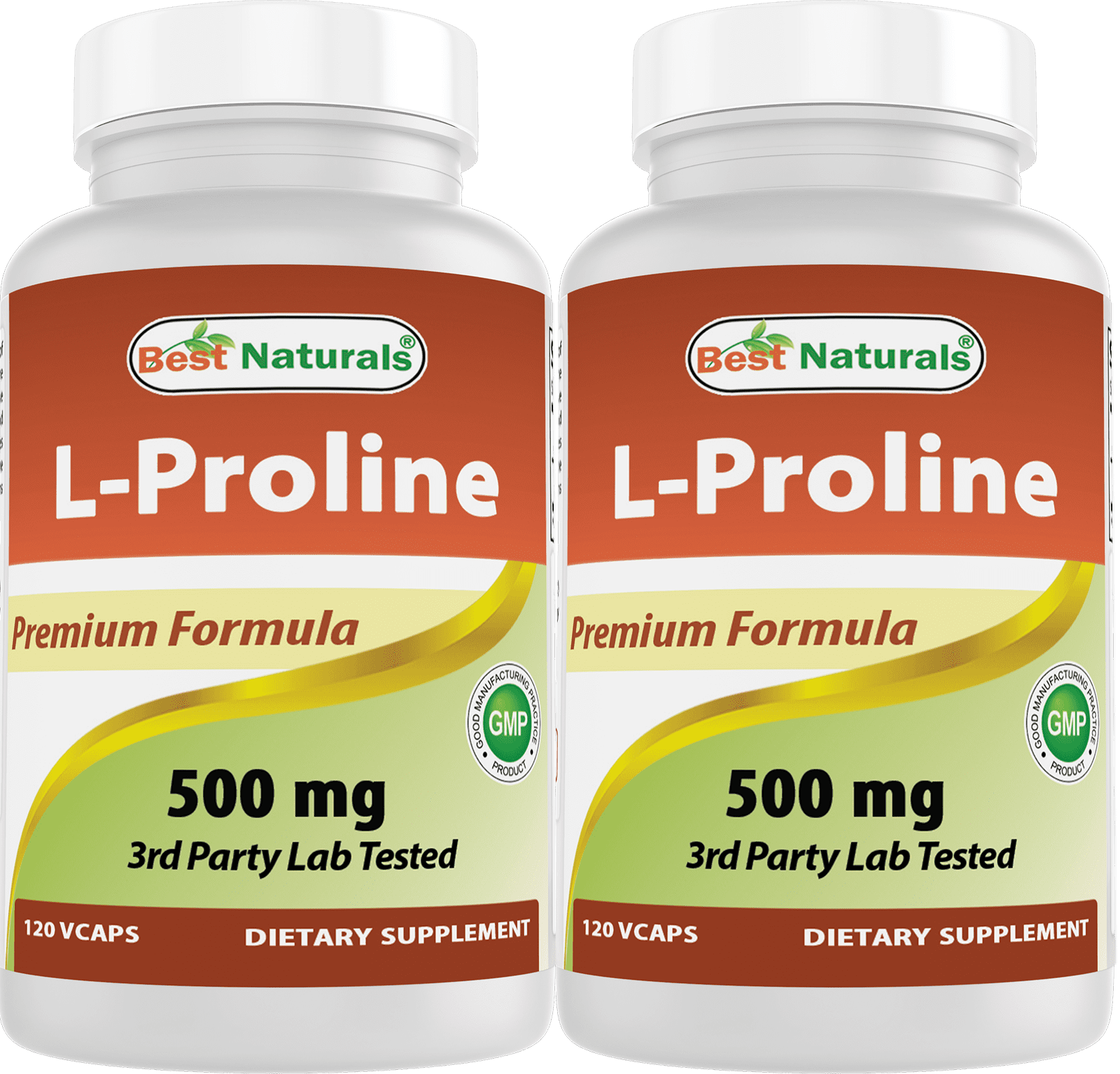 2 Pack Best Naturals L-Proline 500 mg 120 Vegetarian Capsules | Amino Acid Dietary Supplement