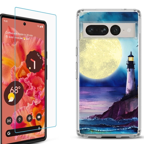 Shockproof Bumper Phone Case for Google Pixel 7, with Tempered Glass Screen Protector, by OneToughShield ® - Lighthouse Moon