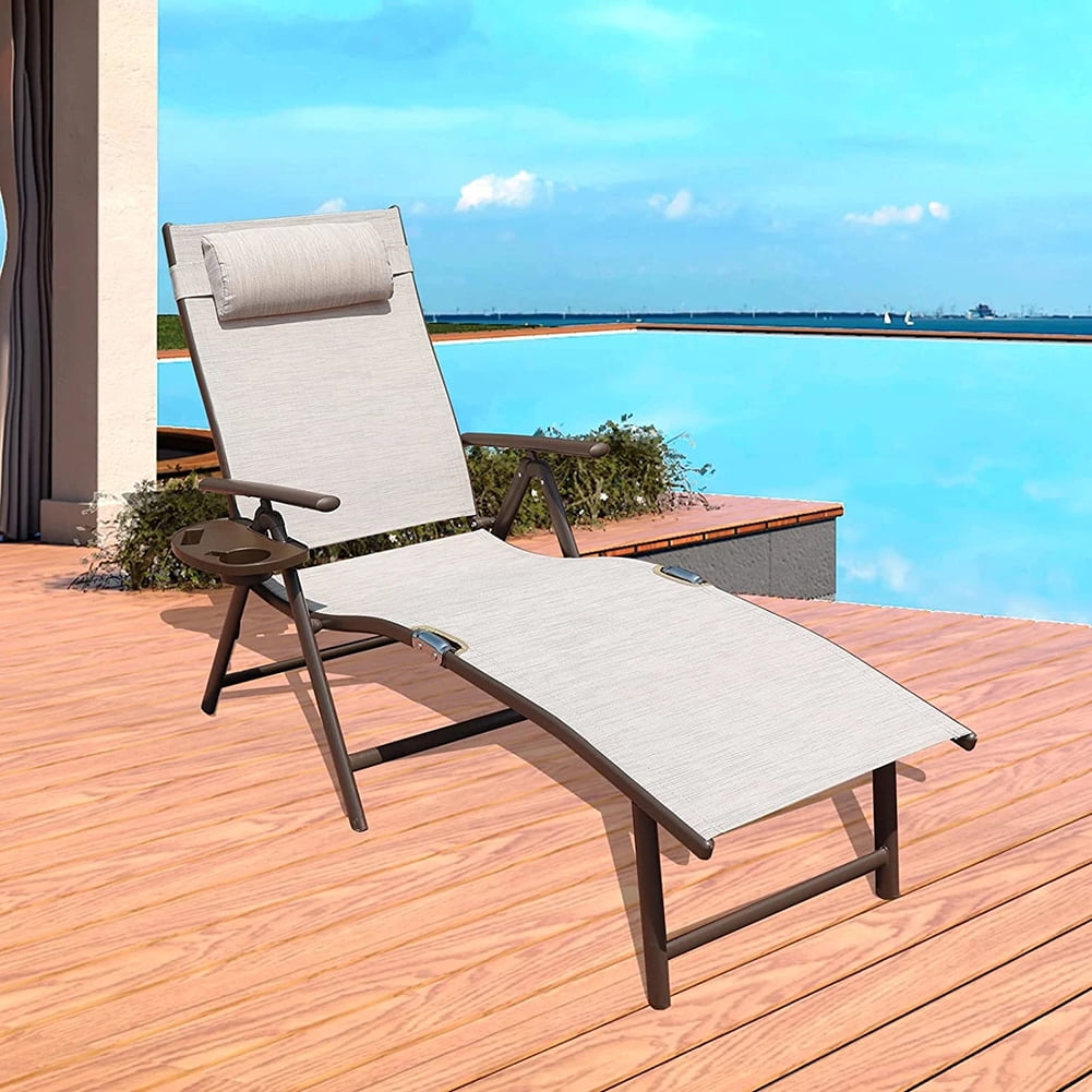 Kepooman Outdoor Folding Chaise Lounge Chair, Portable Lightweight Lounger with Cup Holder for Outdoor Patio Beach, Beige