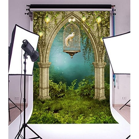 Image of HelloDecor 5x7ft Backdrop Photography Background Enchanted Garden Cage White Dove Dreamy Fairy Tale Forest Stone Arch Grass Newborn Baby Kids Children Portraits Backdrop Photo Studio Prop