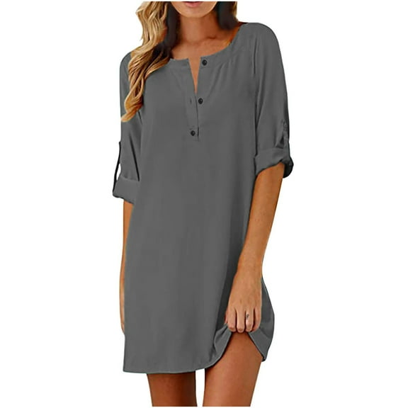 OAVQHLG3B Solid Color Crewneck Buttons Dress for Women Half Sleeve Above Knee Straight Summer Dress Beach Dress 2022 Vestidos