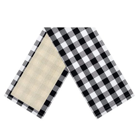 

WELPET Plaid Table Runner 72inch Reversible Burlap & Cotton Table Runner Farmhouse Check Table Runner Black and White