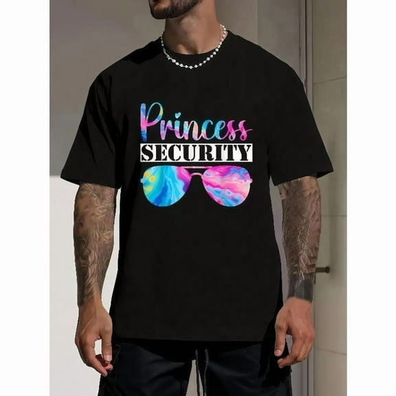 Fashion Graphic Tee,Tops Has"Princess Security"Text With Colorful Glasses Pattern,Round Neck Regular Fit T-shirts, Size(S-5XL)