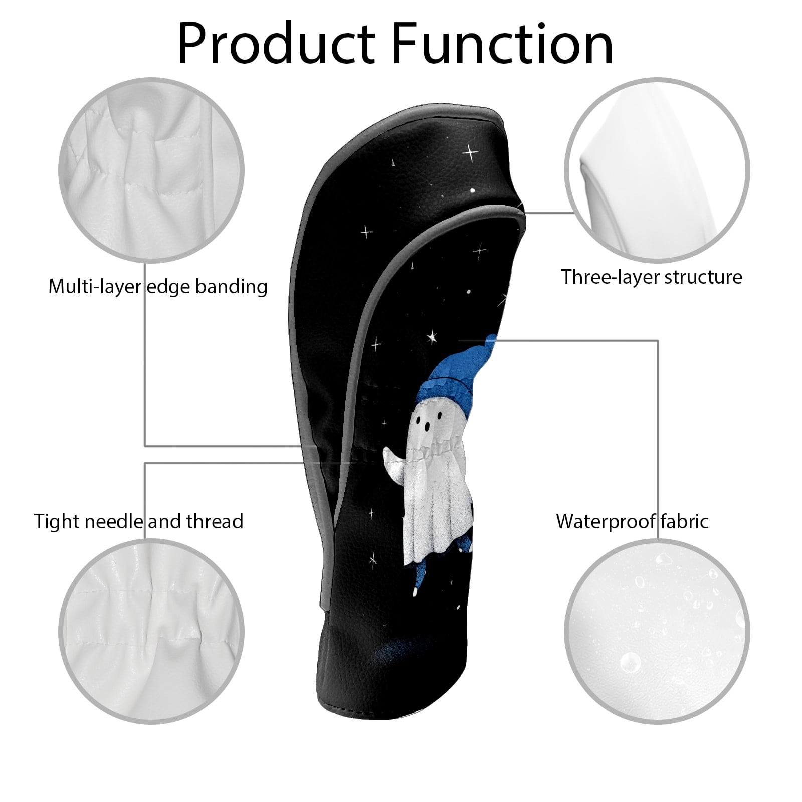 Golf Club Covers, Blue Hat Ghost Premium PU Leather Driver Hybrid Putter Head Covers with Velvet Lining, Waterproof Golf Gifts for Men Women