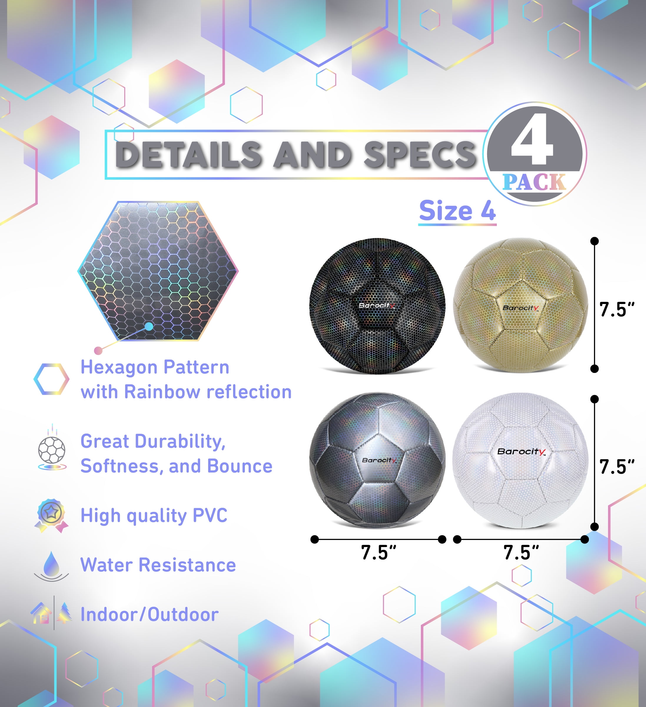 Barocity Iridescent Soccer Balls Set of 4 – Black, Gold, Silver and White Official Match Ball with Reflective Hex Pattern, Sport Soccer Balls for Indoor Outdoor Training and Practice Games - Size 4