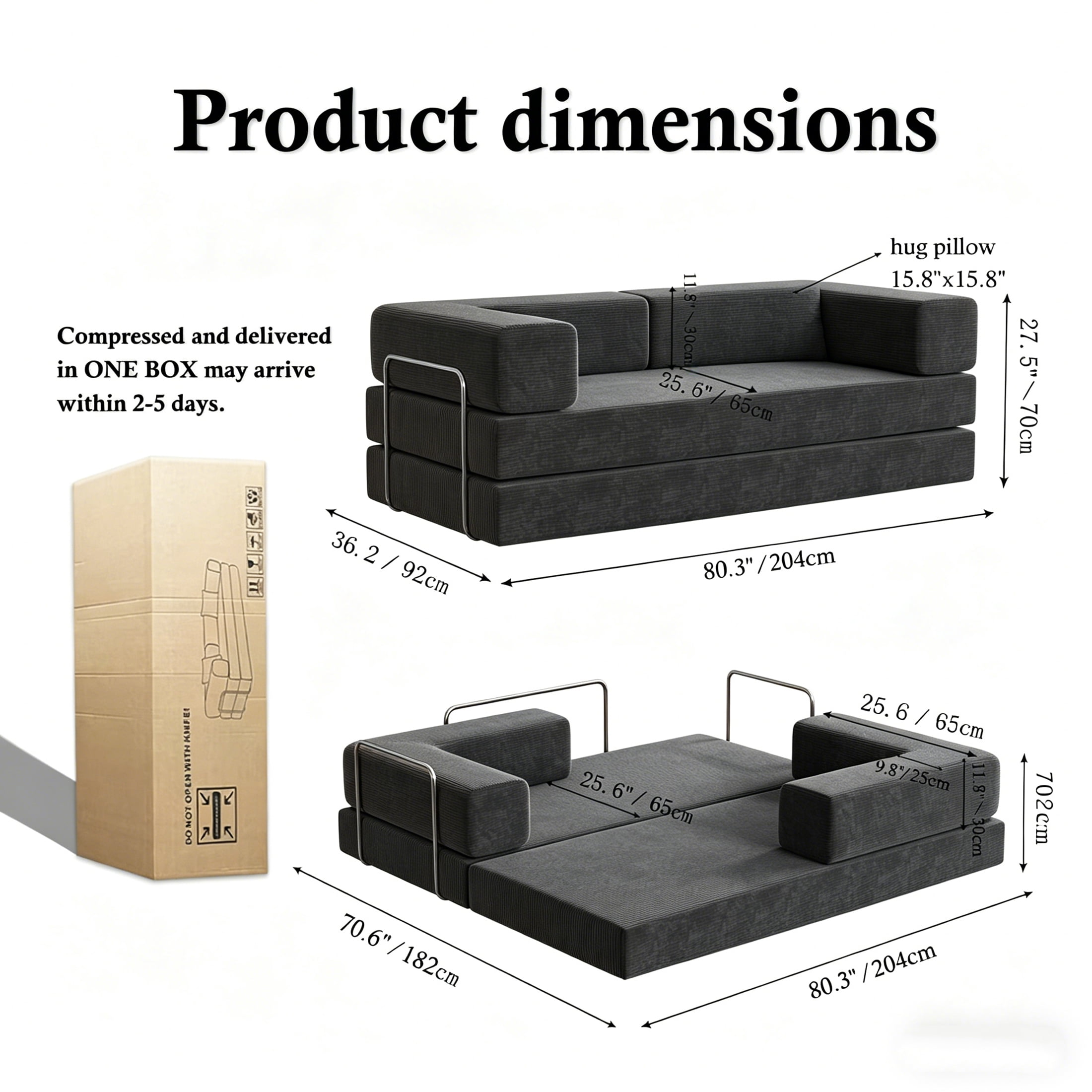 Lodeija 80.3" 5-in-1 Convertible Futon Sofa Bed, Black Corduroy Tatami Sleeper Couch for Small Spaces, 2 Pillows